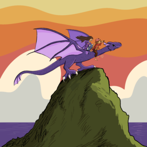 Children's illustration of two girls riding on a large purple dragon with a beautiful sunset in the background.