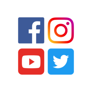 Facebook, Instagram, Youtube, and Twitter icons
